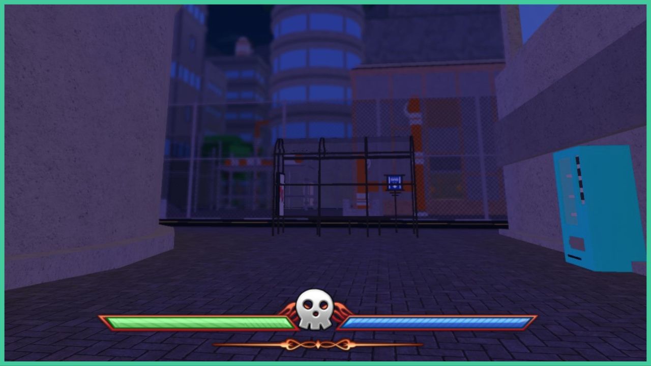 feature image for our fire force online augment guide, the image features a screenshot of the main city hub of a bus stop with a factory behind that is surrounded by a metal fence, there is also a vending machine to the side and the player's health bar is at the bottom of the screen with a skull