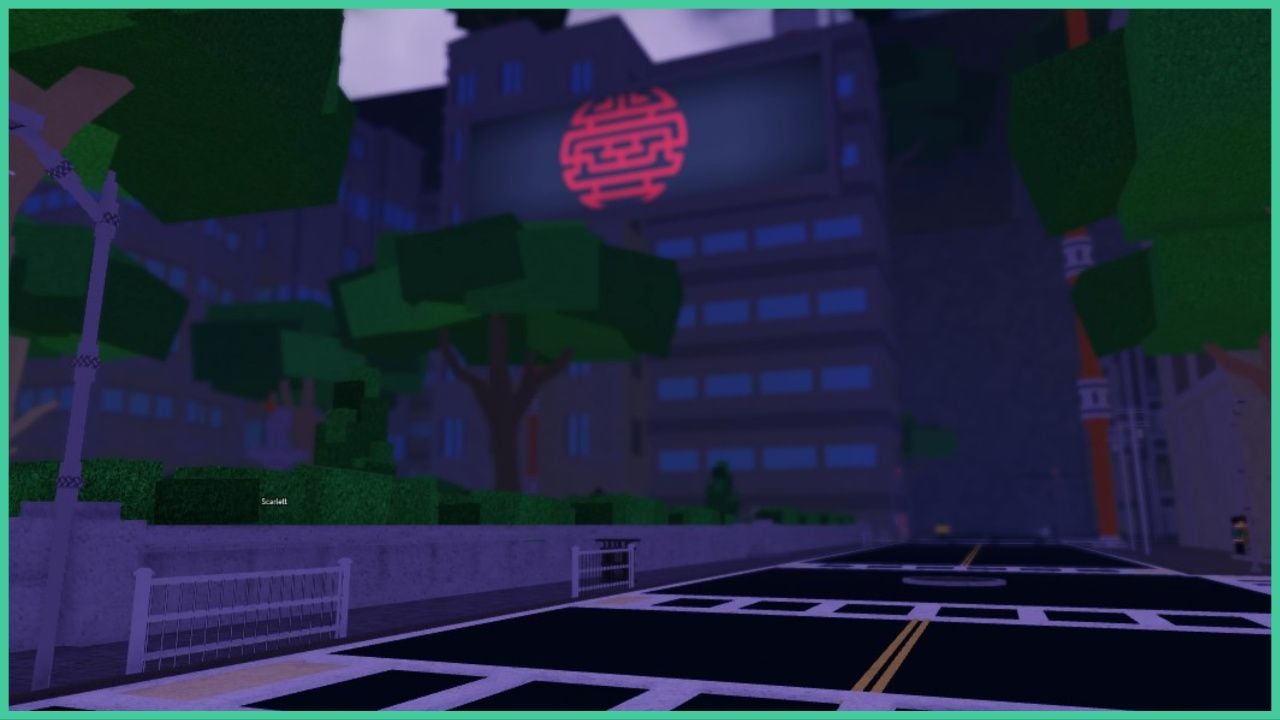 feature image for our fire force online clans, the image features a screenshot from the game of the main city hub, with a road, pavement, lamp posts, trees and tall buildings, tehre are railings to show where the road crossing is