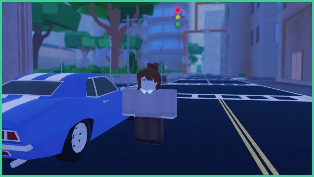 feature image for our fire force online press of death guide, the image features a screenshot from the game of a roblox character standing next to a car on the road with the traffic lights behind them, there is a cityscape behind them with trees, bushes, a park with a fountain, and tall buildings