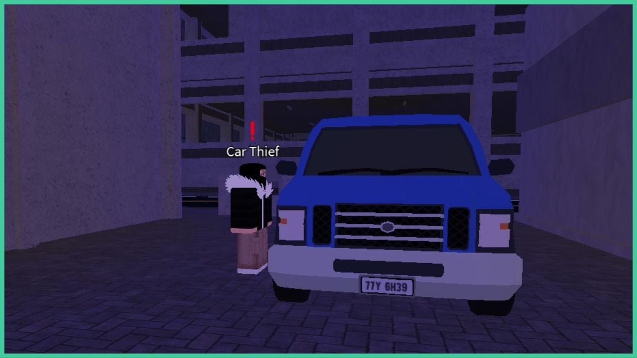 feature image for our fire force online subclass tier list, the image features a screenshot from the game of a roblox car thief standing by a car whilst looking at it, they are wearing a ski mask with a large car park building in the distance