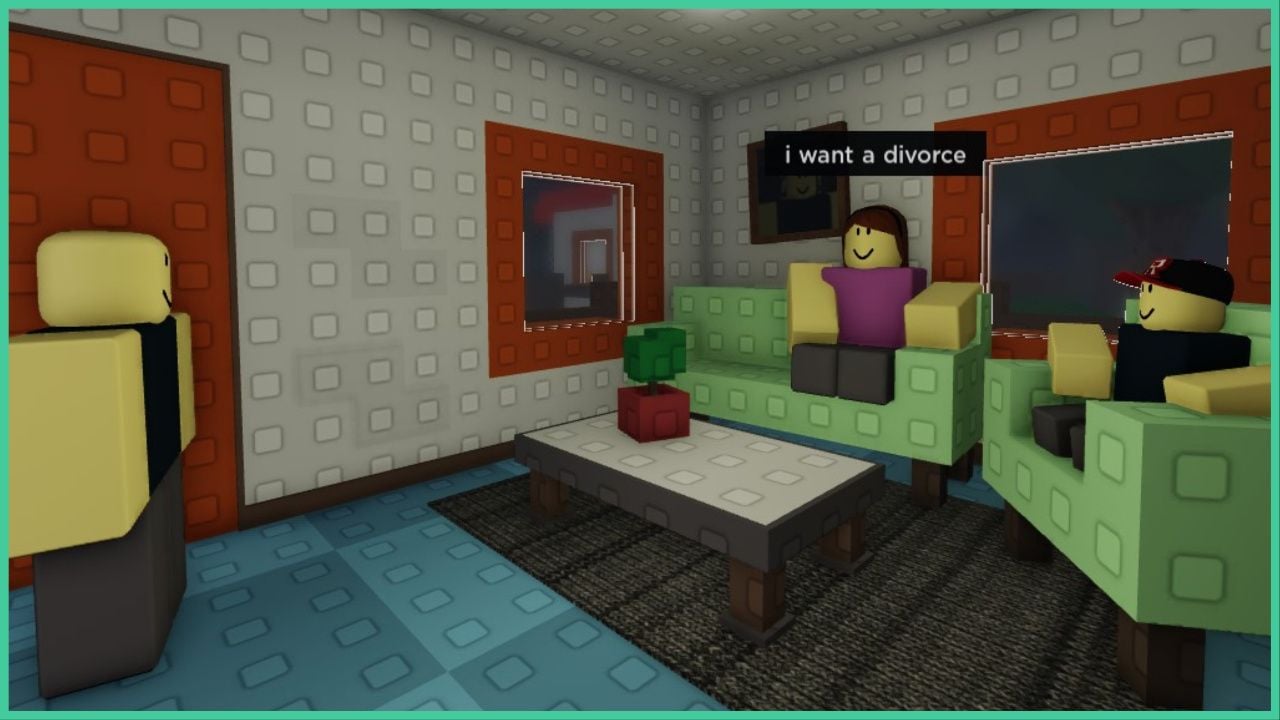 feature image for our get divorced at 3am all endings guide, the image features a screenshot from the first cutscene in the game of the main character standing in the living room while his wife and son sit on the sofa and chair, the wife has a speech bubble above her head that reads "i want a divorce"