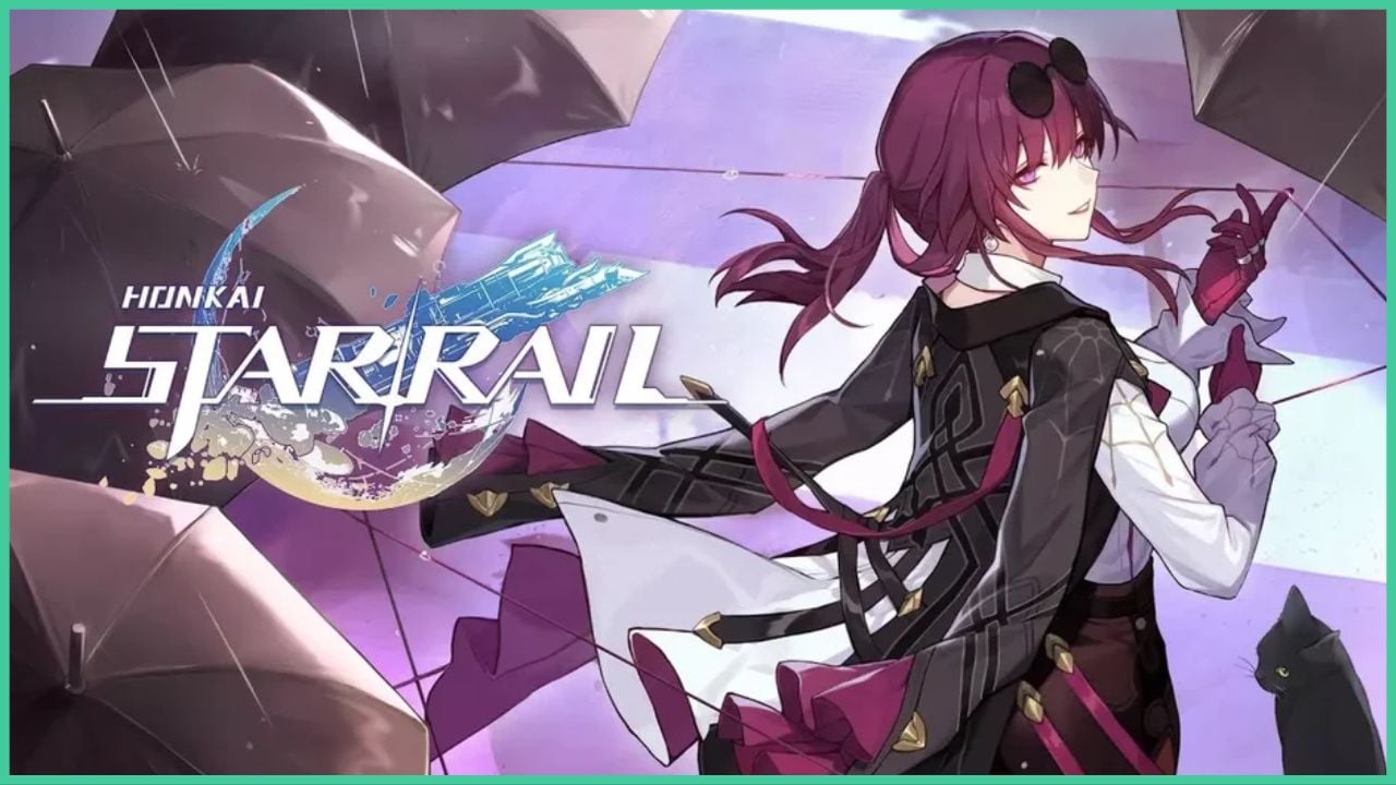 feature image for our honkai star rail kafka tier list, the image features promo art of kafka as she pulls on her sleeve and smiles with sunglasses atop her head, there is rain pouring down as well as umbrella's surrounding her, there is also a black cat standing next to her