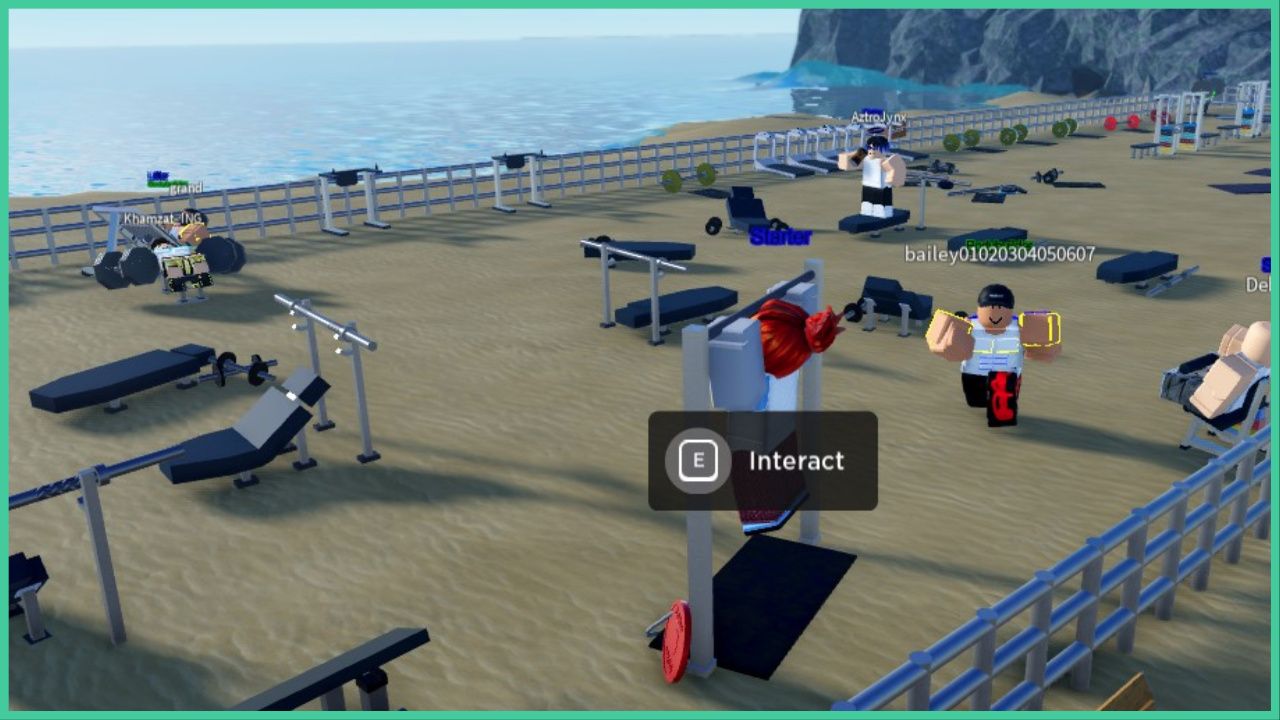 feature image for our how to get money in roblox olympia guide, the image features a screenshot from the game of lots of roblox players using gym equipment on the beach with the ocean in the background
