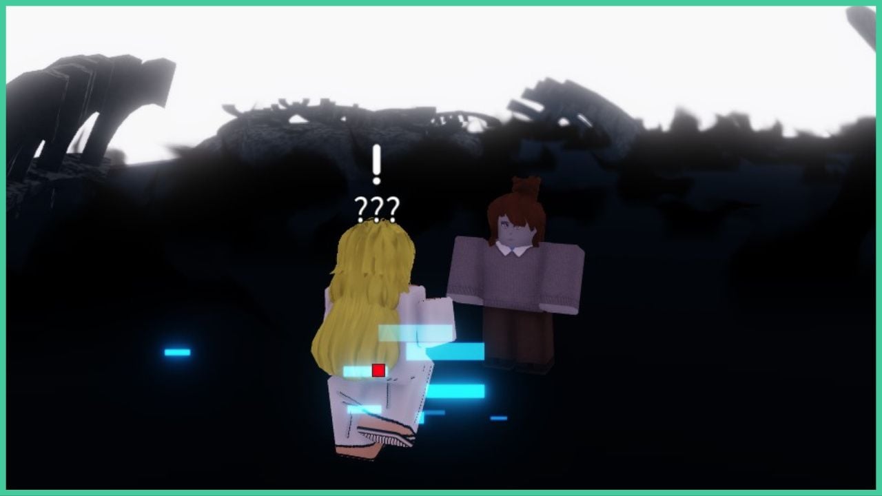 feature image for our how to join fire force in fire force online guide, the image features a screenshot from the tutorial of the game with a roblox character standing in front of an NPC who is floating in the air with long hair, they have three question marks above their head as well as a large exclamation mark, they are surrounding by dark structures including some that look like large ribcages
