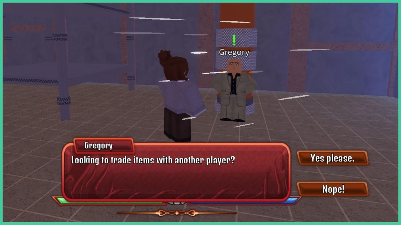 feature image for our how to trade in fire force online guide, the image features a screenshot from the game of a roblox character talking to the NPC, gregory, who is inside the large factory building, there is a text box that reads "looking to trade items with another player?" alongside the option to click "yes please" or "nope"