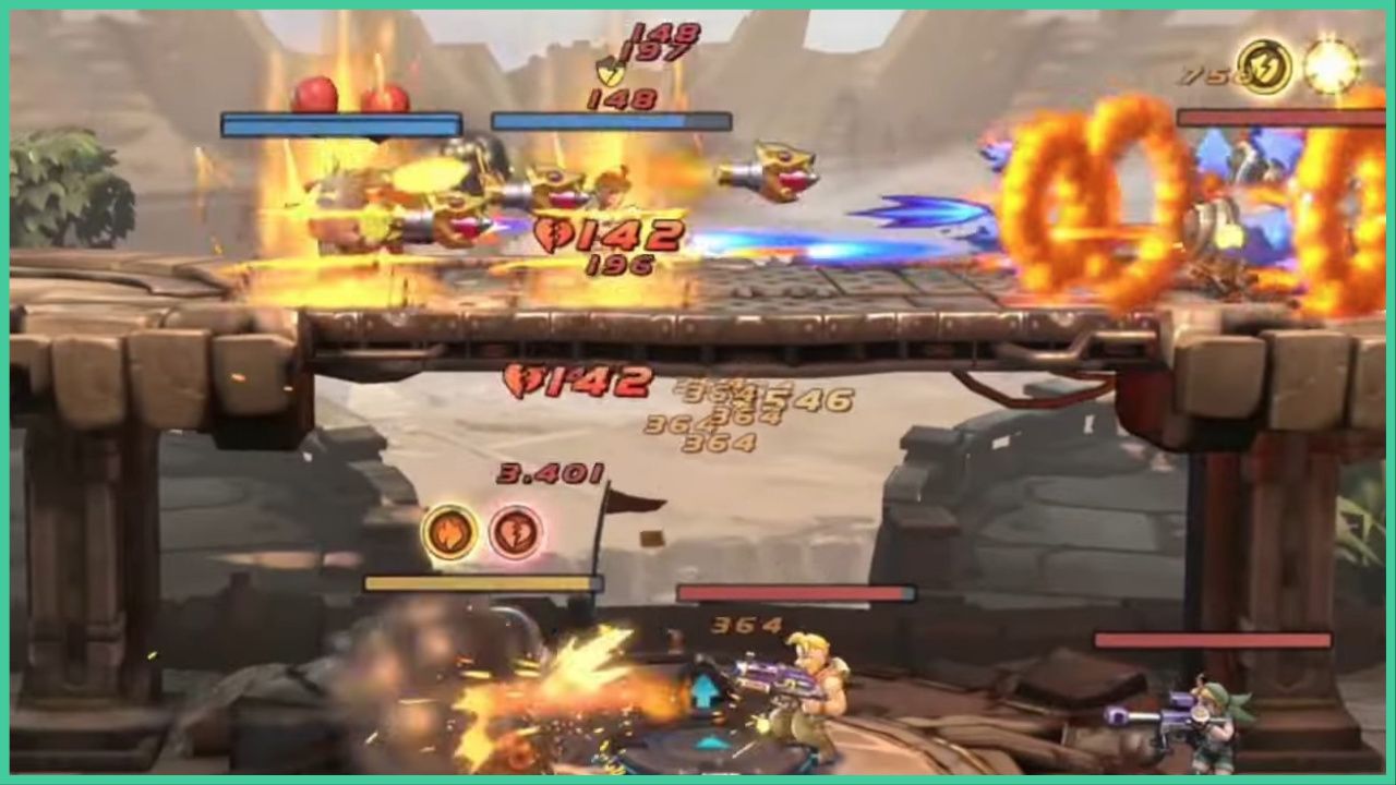 feature image for our metal slug awakening tier list, the image features a screenshot from the game's trailer of a battle on a tall platform and on the ground as sparks and flames fly, there are numbers across the screen to symbolise how much damage enemies and characters are taking