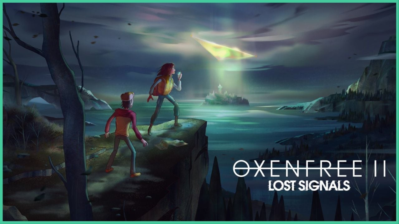 feature image for our oxenfree 2: lost signals review, the image features the official promo art for the game, of riley and jacob standing on the cliffside as she holds the walkie talkie up to her mouth, there is a large river down below surrounded by trees and mountains, while a mysterious triangle glows and floats in the sky