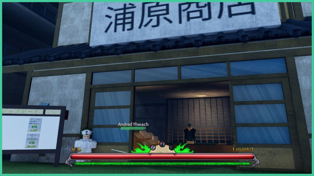 feature image for our peroxide adjuchas guide, the image features a screenshot of a shop in karakura town, with a character standing outside the door and a character standing inside at the back, there is also a notice board to the side with quests on it which detail the task and rewards