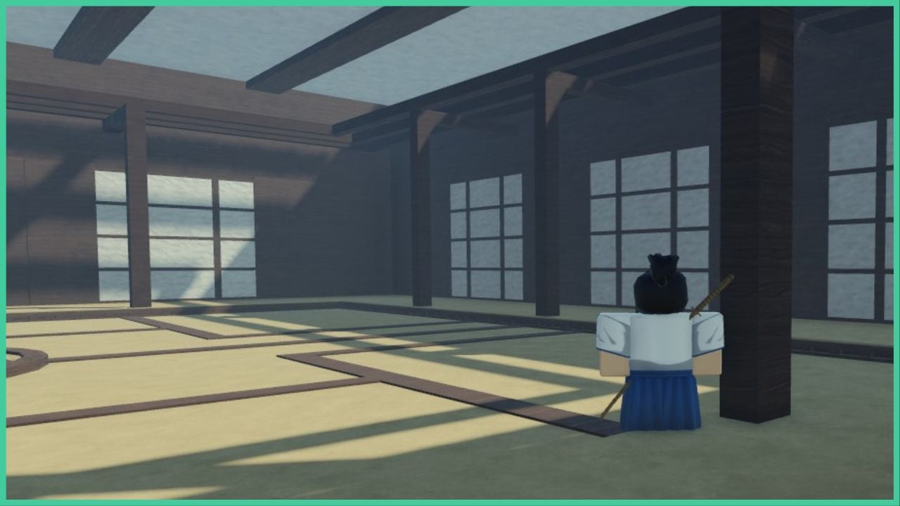 feature image for our peroxide bankai guide, the image features a screenshot of a dojo as a roblox player stands by a wooden pillar and looks out across the dogo, they are wearing a katana on their back with their hair tied back into a bun