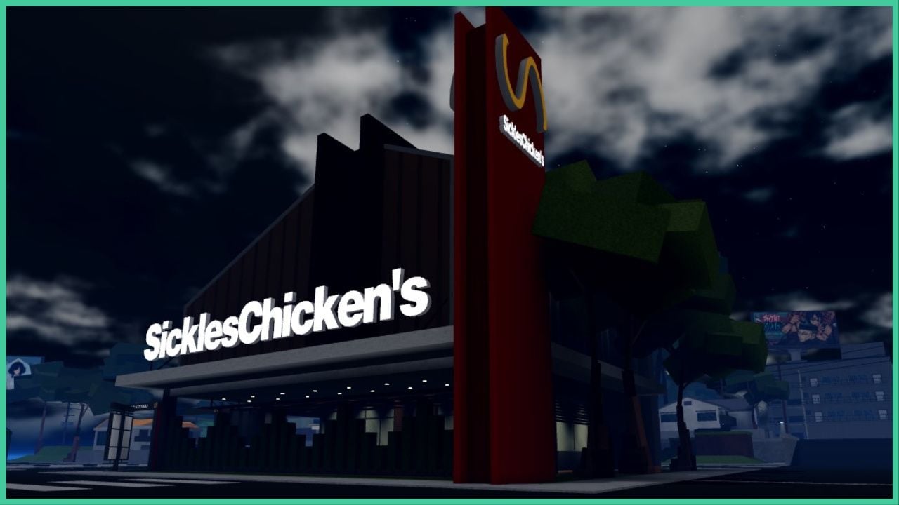 feature image for our peroxide crystals guide, the image features a screenshot from the game of a restaurant that looks like mcdonalds in karakura town called "sickles chickens" they have a large sign on teh building as well as a logo that looks similar to mcdonalds