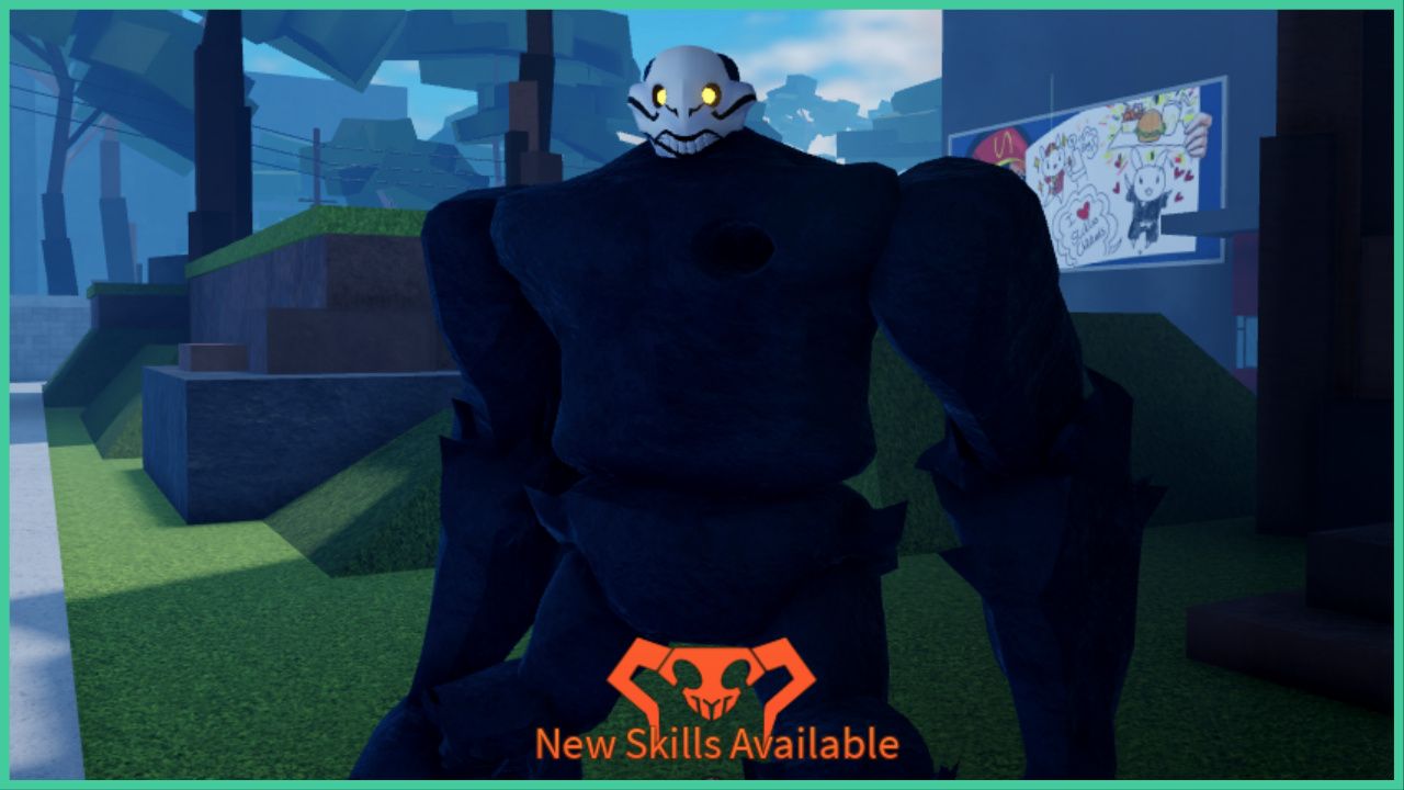 feature image for our peroxide items guide, the image features a screenshot of a roblox hollow character with the hollow mask from the bleach series, they are standing on a patch of grass while trees stand in the background, there is also a advertisement plastered on the wall behind the hollow which is advertising a food business that resembles mcdonalds