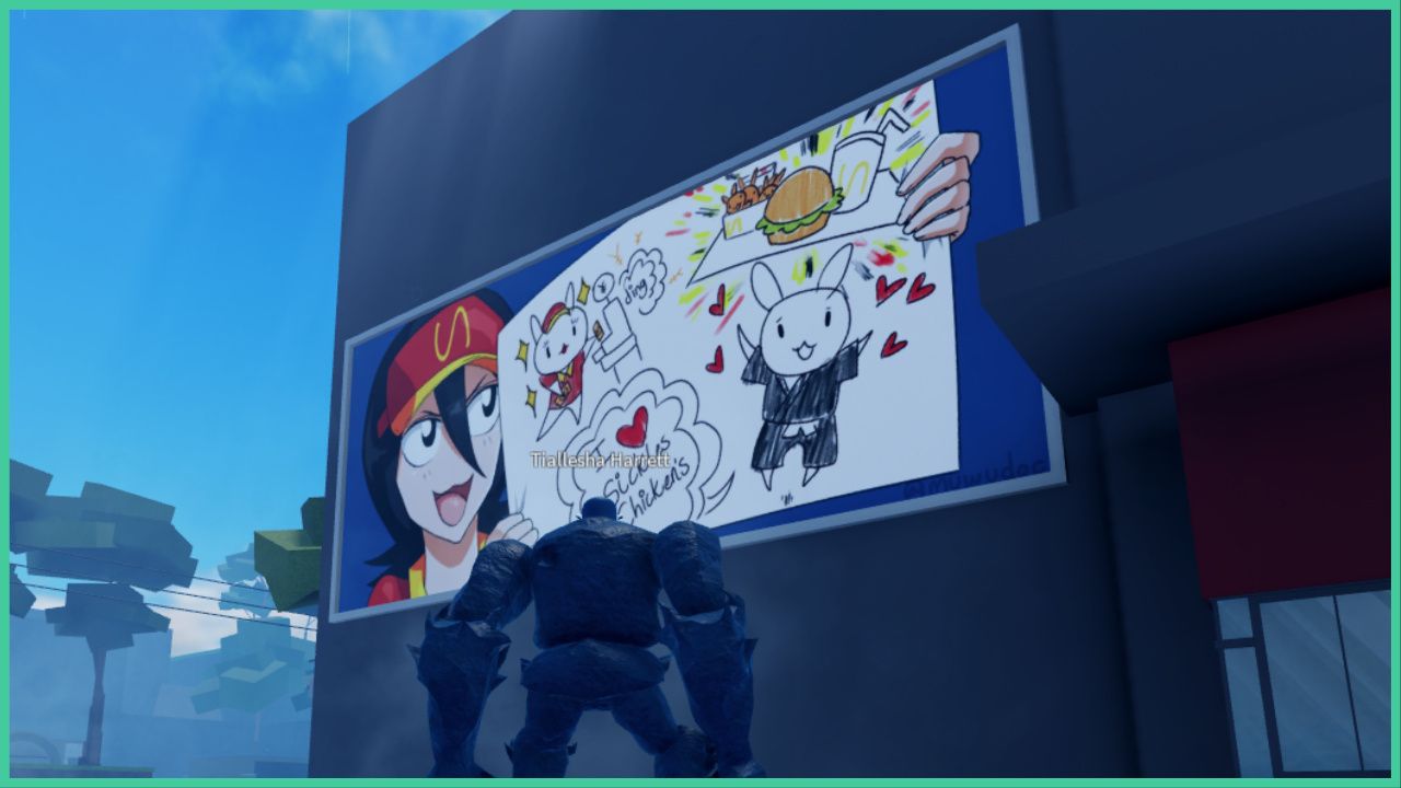 feature image for our peroxide kisuke guide, the image features a hollow from bleach looking at a poster on a building wall that features an anime style character in a uniform that resembles a mcdonalds uniform whilst holding a sheet of paper that has been drawn on. the drawing is of two rabbits, with one holding a tray with a burger, fries and a drink on it to look like a mcdonalds tray of food, there is also a drawing of a rabbit in a mcdonalds uniform putting money into the till