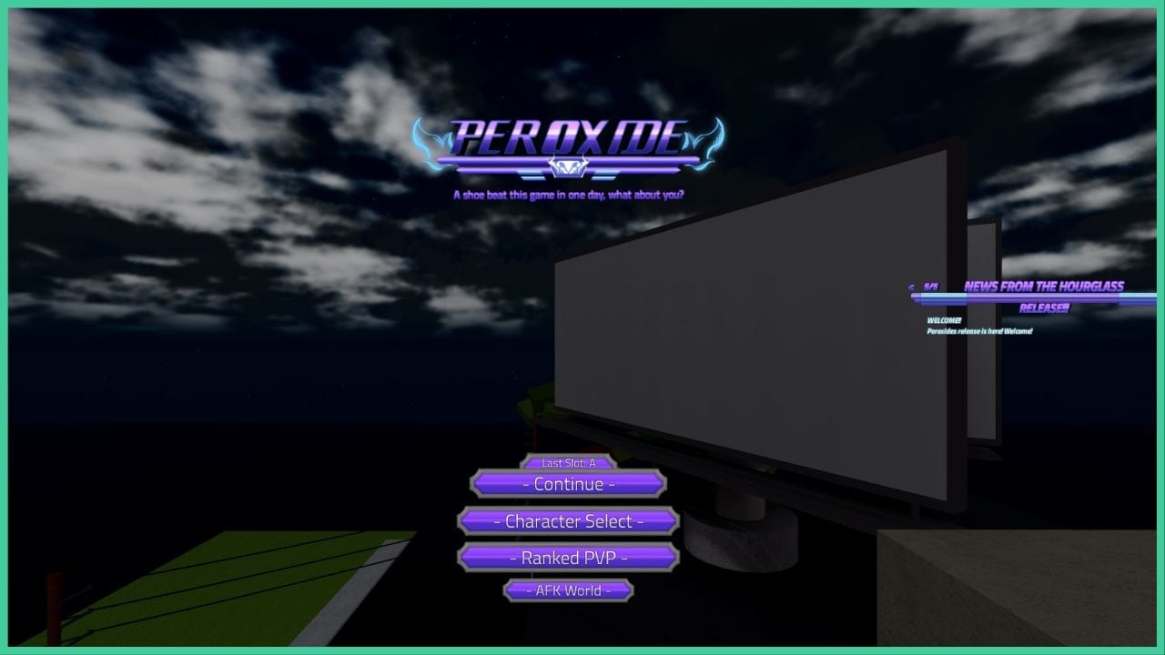 feature image for our peroxide quincy guide, the image features a screenshot of the main menu screen, with the background showing a giant billboard in a city and a patch of grass as the clouds loom in the sky, the game's logo is at the top as well as buttons for the different menu options such as "continue, character select, ranked pvp and afk work"