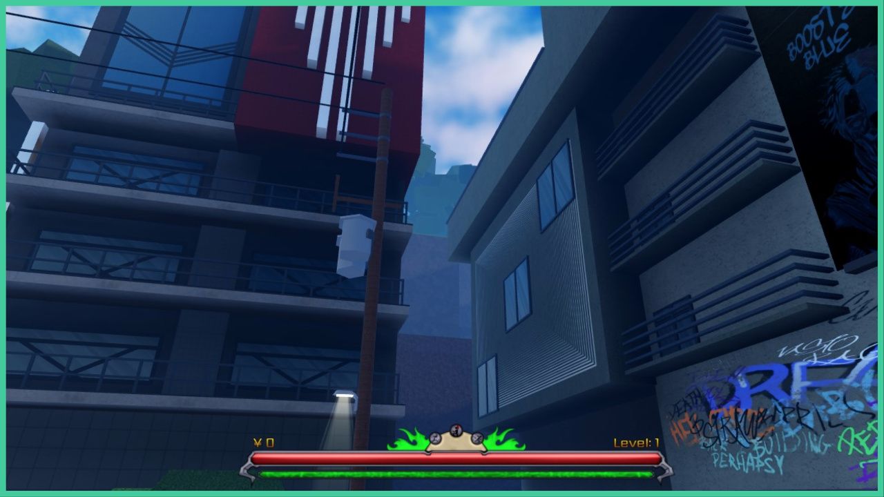 feature image for our peroxide resurrection tier list, the image features a screenshot from the main city in the game, with two tall buildings with balconies a telephone pole and a wall that is full of graffiti