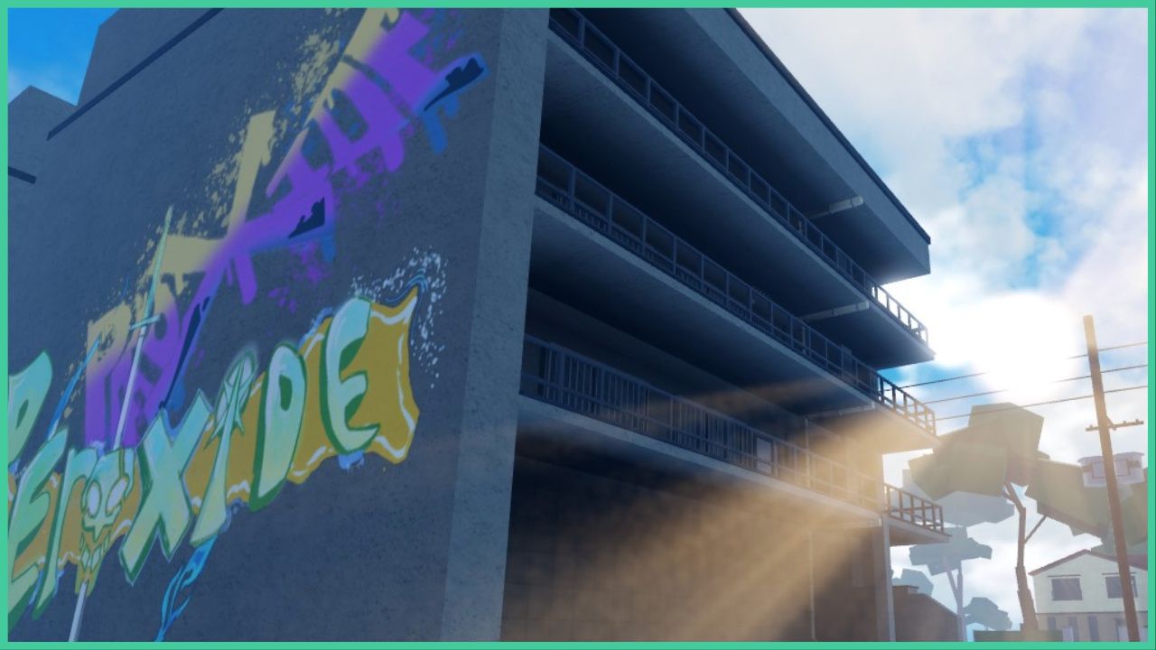 feature image for our peroxide shady arrancar guide, the image features a screenshot of a large concrete car park with 3 floors in karakura town, the side of the car park building has large graffiti painted on it which reads "peroxide" with a skull