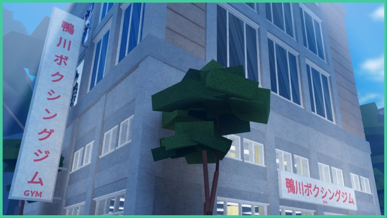 feature image for our peroxide soul reaper guide, the image features a screenshot of the main city from the game as the player looks up at a tall city builfing with a sign on the front and attached to the side that reads "gym" as well as it being written in kanji, there is a tall tree outside the gym building