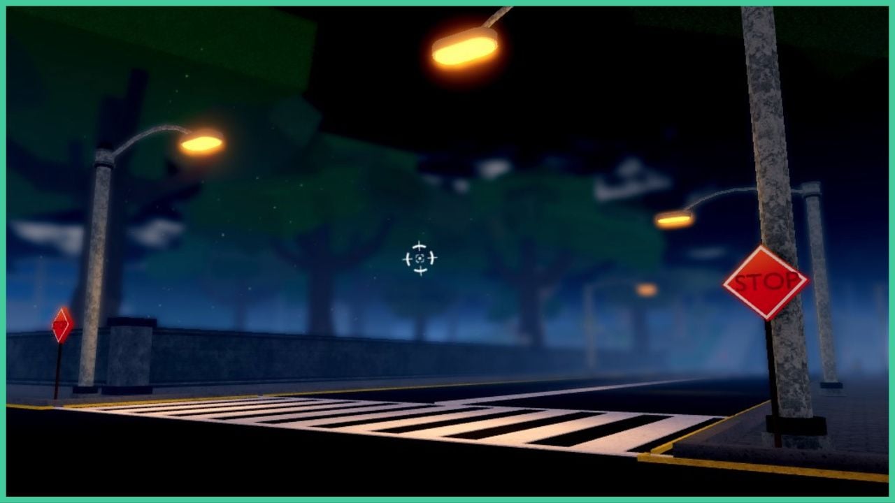 feature image for our project mugetsu los lobos guide, the image features a screenshot of the main road and a crossing, there are street lamps to light up the road which are surrounded by trees, the crossing also has two diamond shaped stop signs