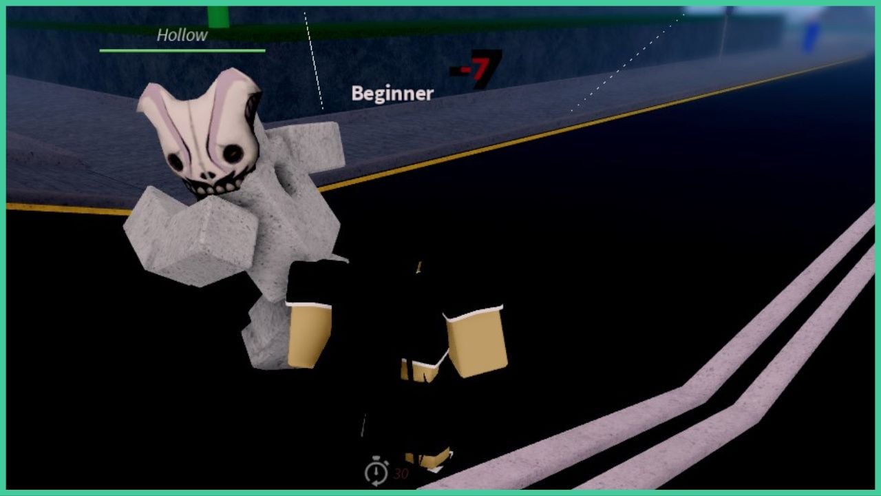 feature image for our project mugetsu quincy quiz answers guide, the image features a screenshot from the game of a roblox character battling against a tall Hollow from the bleach series, the Hollow is throwing their fist forwards to hit the roblox player while they stand on the road