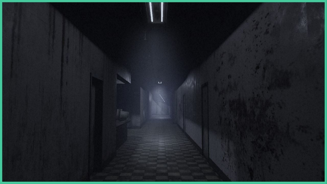 feature image for our short creepy stories safe code guide,the image features a screenshot of the first hallway of the abandoned hospital in the deadly content story, the walls are dirty, and the ceiling lights are dim, there is a counter to the left