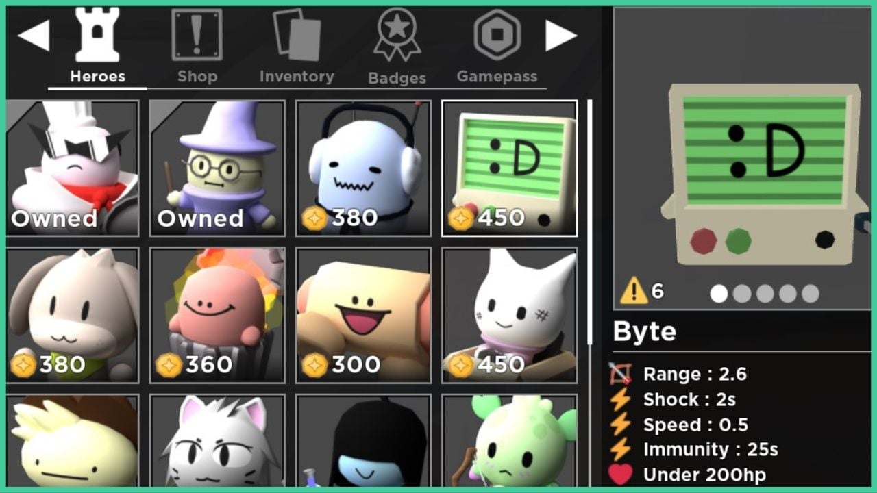 feature image for our tower heroes tier list, the image features a screenshot from the hero selection screen with each hero shown within a square, alongside how much they cost and whether or not they are owned by the player, one hero is zoomed in at the side which looks to be a retro screen with a sideways smiley face called Byte, their stats are listed such as range, shock, speed, and HP