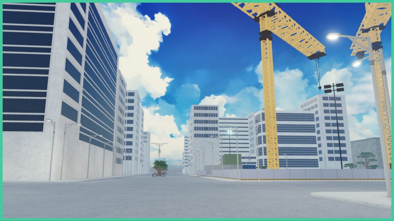 feature image for our type soul hierro plating guide, the image features a screenshot of a construction site in the main city hub called karakura town of type soul, there are tall cranes and tall buildings, with park benches and trees in the distance
