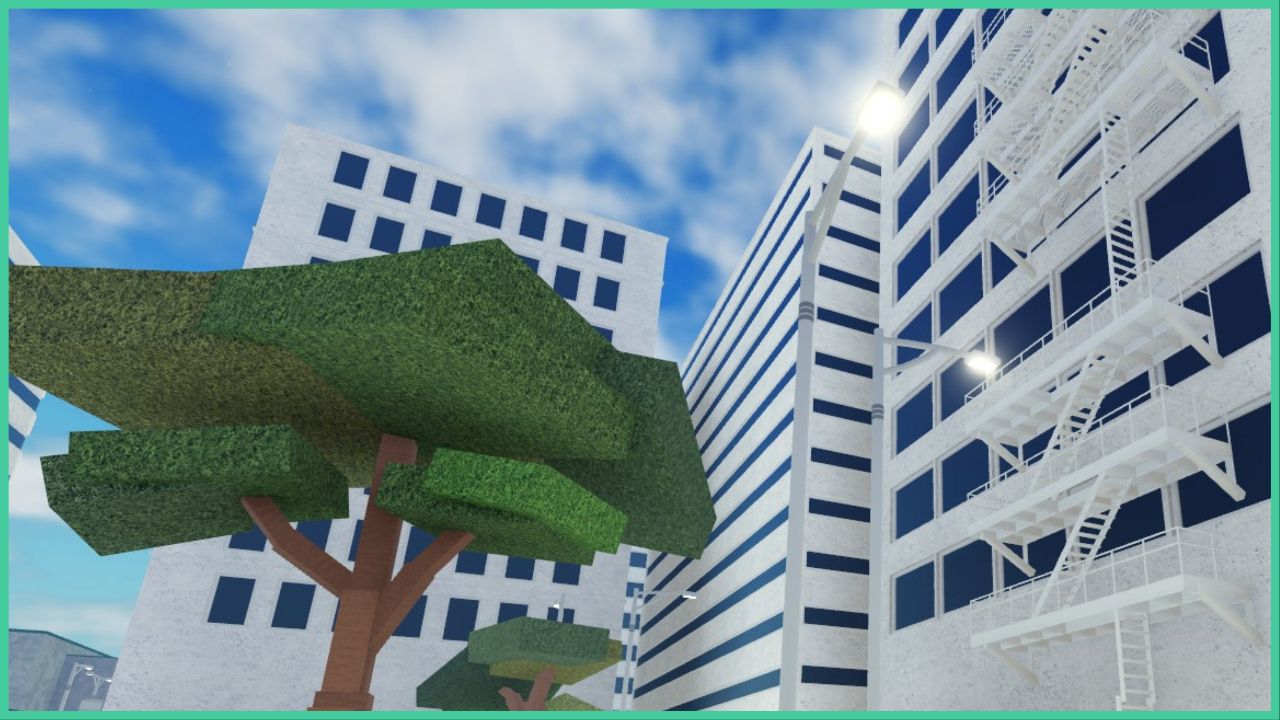 feature image for our type soul shihouin guide, the image features a screenshot from the main city, there are tall city buildings with lots of windows, the closest building as a metal stairwell going up the front of the building, there are also trees from the park and street lamps