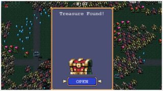 screenshot of vampire survivors of the pop up that alerts the player that they've opened a treasure chest, you can see hordes of enemies in the background who are paused due to the treasure chest