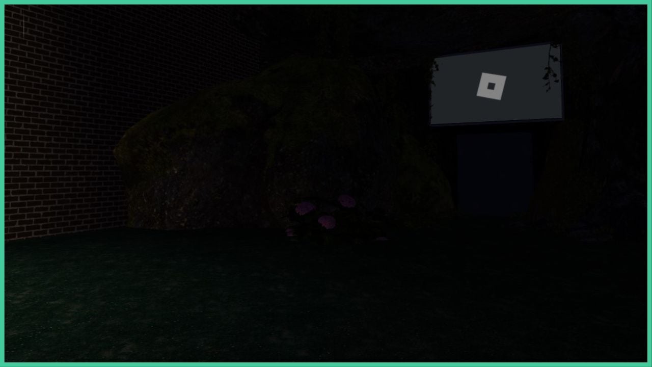 feature image for our where is the fuse in short creepy stories guide, the image features a screenshot from the main lobby area, the area is outside with a tv screen that has the square roblox logo on it, there are vines covering the side of the tv, with a large bush on the ground with flowers, the bush is by a brick wall