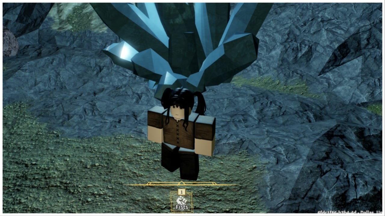 The image shows the character standing before large blue crystals protruding from the ground. It is nighttime in the game and the character is wearing the starter outfit.
