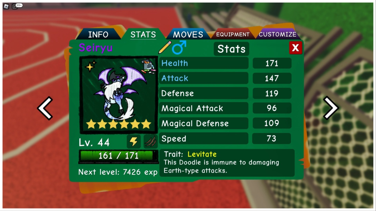 in game screenshot of misprint riptorvent. The character card shows stats for the doodle
