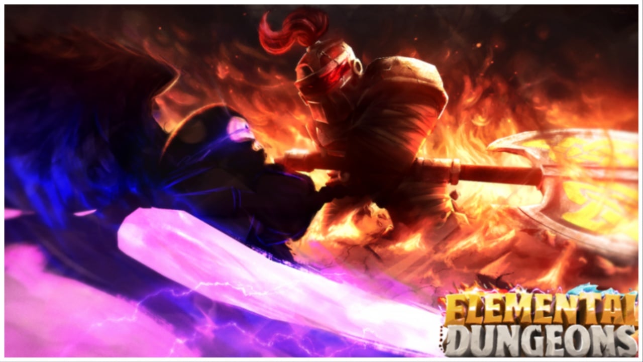 The image shows the Elemental Dungeons art from the game homepage. Two intense fighters go head to head with their elements at the ready!