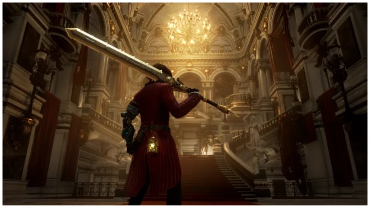 The image shows our protagonist, P, holding the greatsword from the path of the sweeper build.