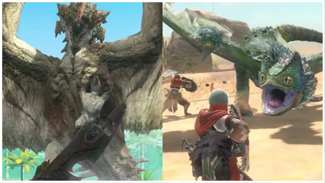 Divided image of two different monsters in the heat of battle against brave players. the monster on the left is dragon in appearance and looks to be flying toward to viewer with claws extended to grab. The right image has two players surrounding a weird looking monster with a chameleon like face.