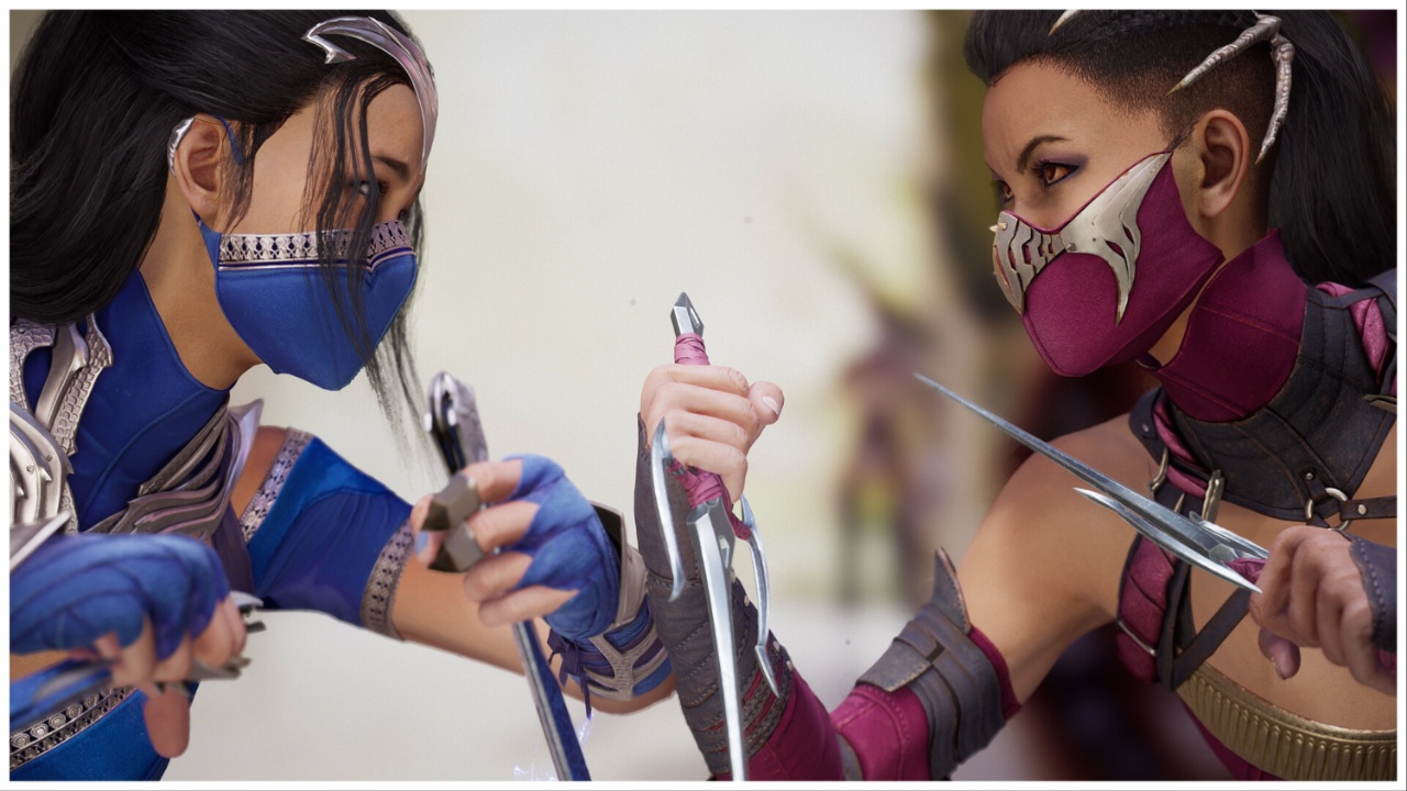 The image shows two female fighters from Mortal Kombat 1, both of which are Kitana. They are wearing the same outfit whilst facing one another with close intensity. The outfit on the left is blue, and the Kitana on the right is wearing pink.