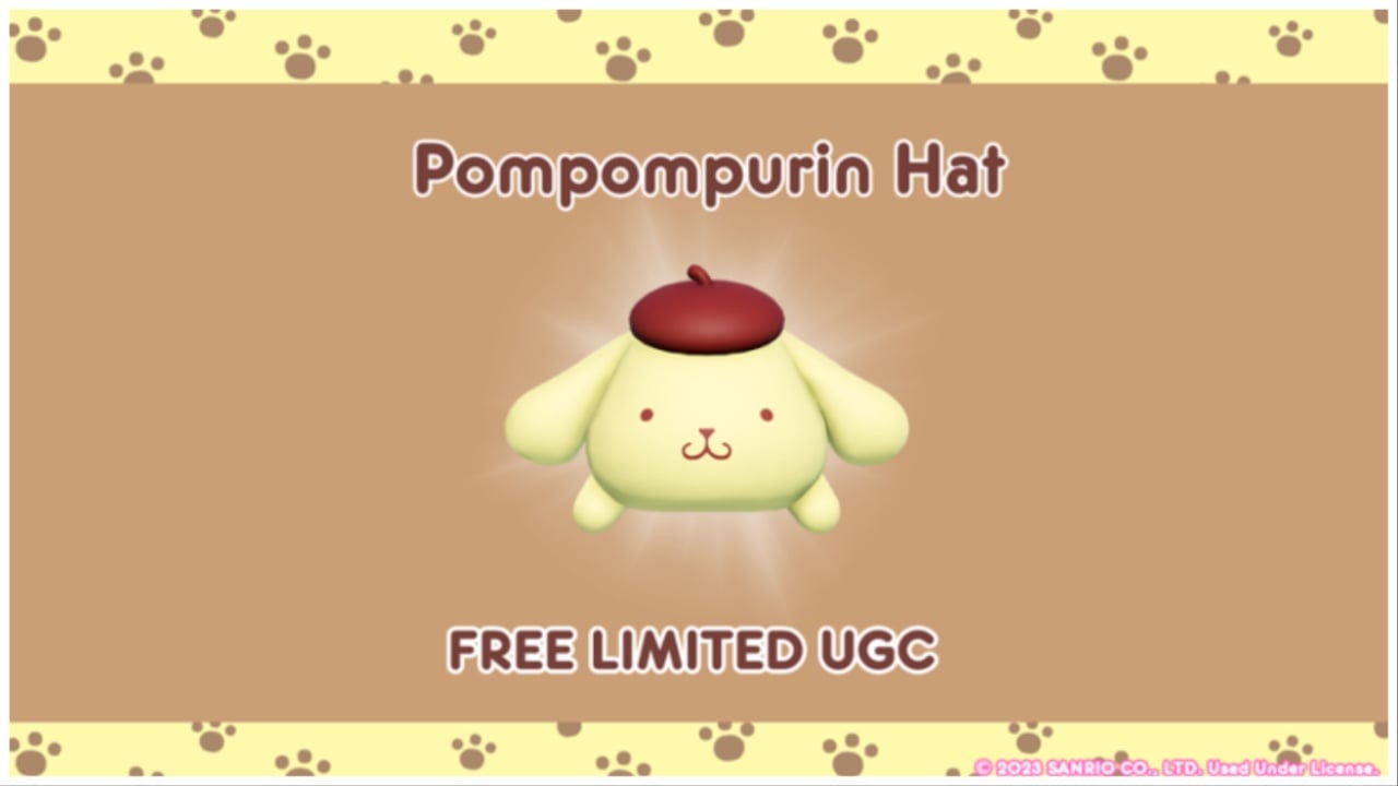 pompompurin lay facing the viewer with the title pompompurin hat free limited UGC surrounding him