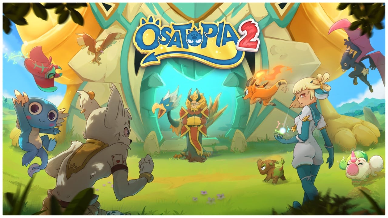 Very colourful illustration of the Osatopia 2 banner. Featuring a few animalia and humanoid characters stood before a blue portal.