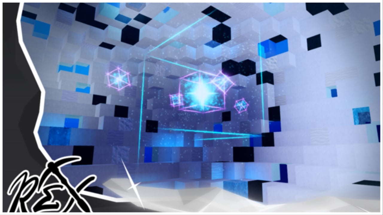Title screen for rex reincarnated showing a flashy blue ore surrounded by crumbling blocks