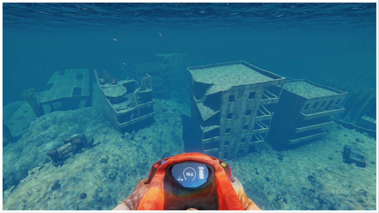 Image shows first person point of view of player on an orange underwater scooter. We can see that the player is headed towards a building that has been deteriorated by the ocean. I wonder what they find?