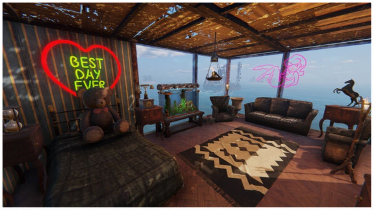 Image shows a base with cozy furniture and neon signs. A pleasant display of electronics with a red heart neon sign to the left with "best day ever" written inside. On the right wall is a pink neon sign of a pinup lady.