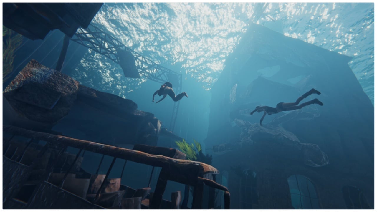 Image shows two players swimming underwater. At the bottom left a deteriorated bus sits at the bottom of the flood. In the background a submerged building also looks worse for wear. Lets pretend the players are on their way back to base where their recycler is as I couldn't find an image of it.