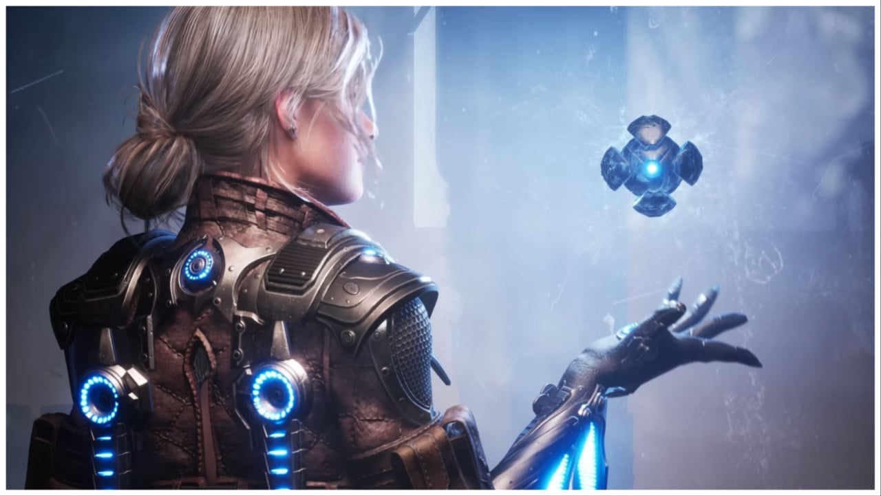The picture shows a woman in sci-fi armor bouncing a little robotic ball in her hand. She is facing away from the viewer and has a low blonde messy bun.