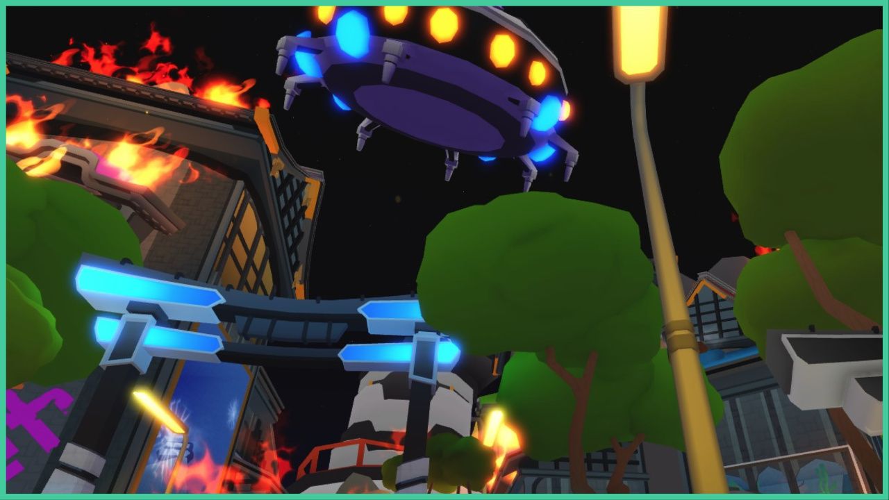 feature image for our anime champions simulator quirks guide, the image features a screenshot from the game of a town covered in flame, there is a building on fire, a tori gate that has flames rising from the ground and a UFO flying in the sky as trees stand around the tori gate and streetlamp