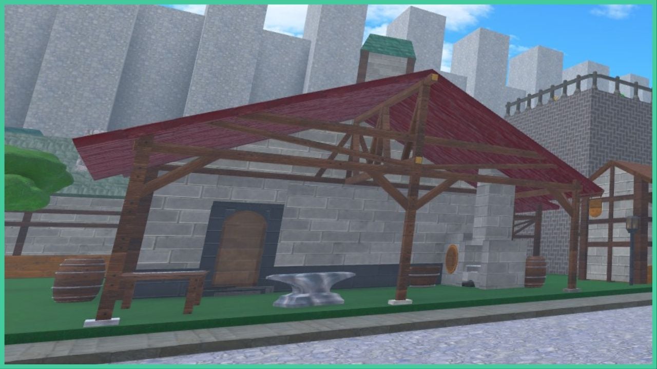 feature image for our black grimoire odyssey race tier list, the image features a screenshot of the main town of the medieval blacksmith building with a forge outside, there is also a tree to the left and two wooden barrels on the grass