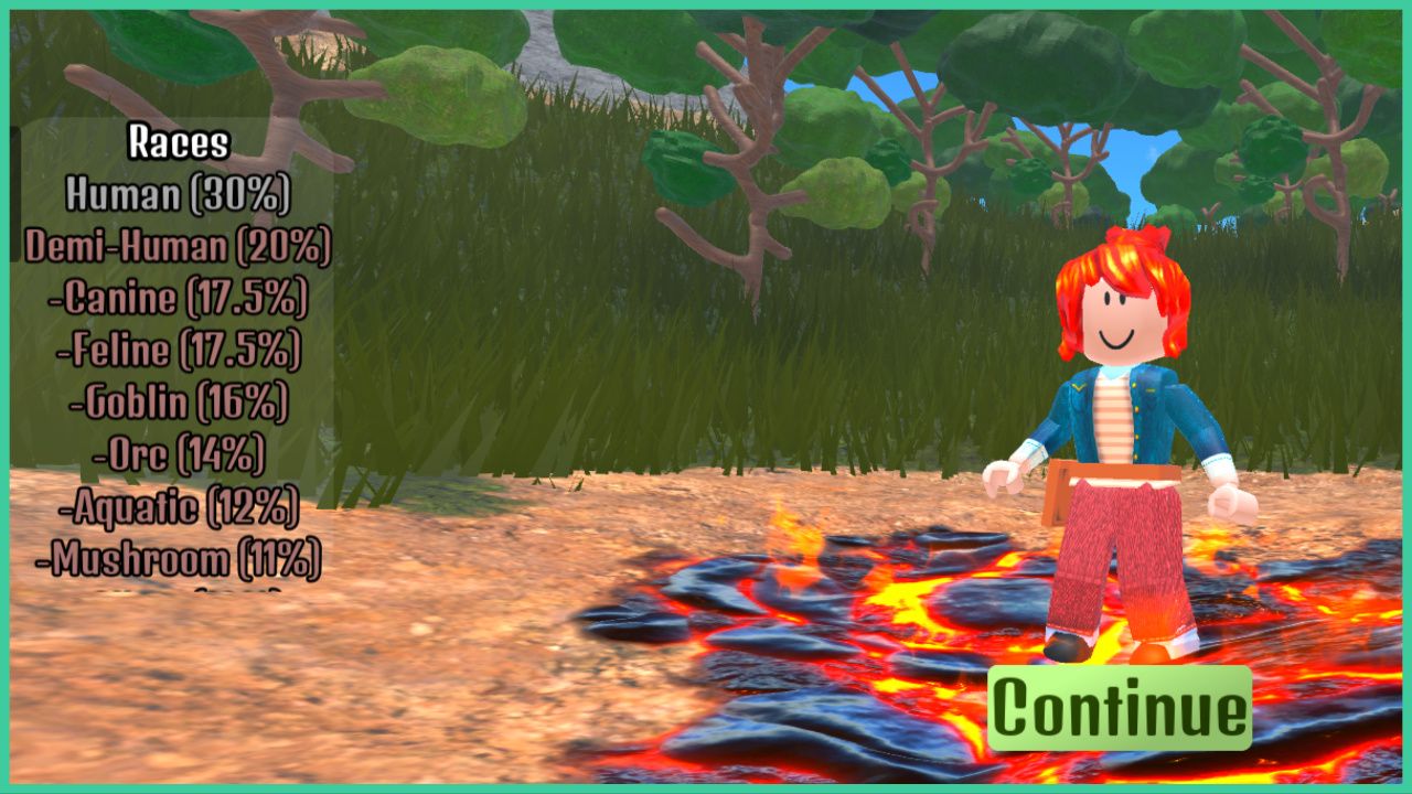 feature image for our black grimoire odyssey races guide, the image features a screenshot from the lobby menu at the start of the game when you are making your character, there is a roblox character standing on molten lava and rocks as they are surrounded by a forest of trees and tall grass, there is also a list to the left of some of the races from the game with a percentage next to them to show their drop rate chance
