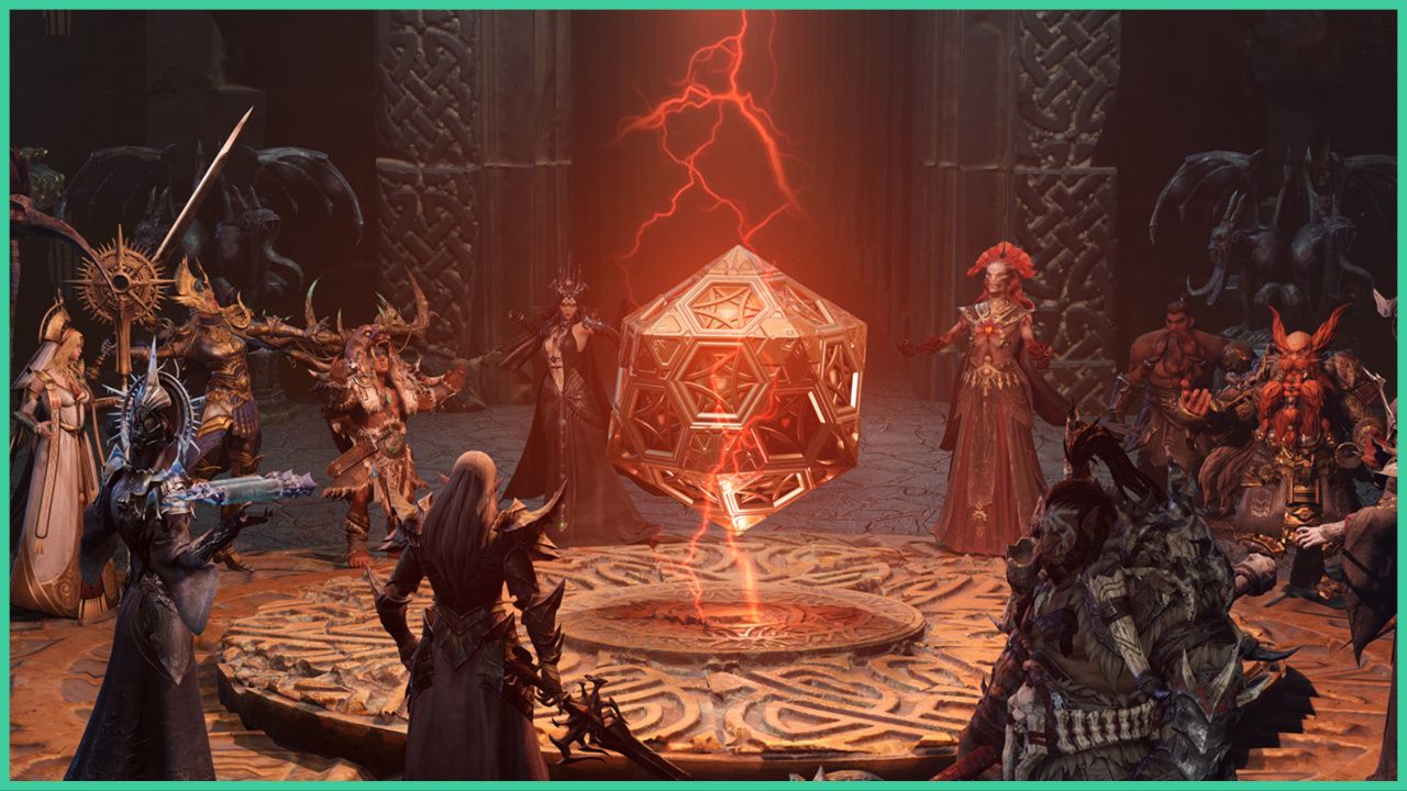 feature image for our dragonheir silent gods codes, the image features promo art for the game of a variety of characters standing around a large floating dice inside what looks to be a dungeon. there are red lightning bolts shooting out from the dice as it glows