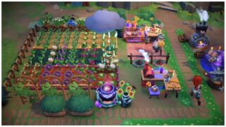 image of fae farm as a player tends to their farm crops which cover a range of different vegetables, the player has a rain cloud above them as a cooking station table prepares food and a cauldron brews a potion, there is also a character frying food in a pan next to the furnace and brewing station