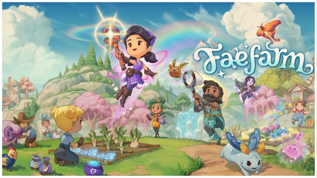 feature image for our fae farm review, the image features the official promo art for the game of a variety of characters around the farm, one is casting spells on the plants, the farmers are taking care of the animals, one is trying to catch a bug with the catching net, another is watering plants, and the main character at the front of the art is flying in the air with their fairy wings as they hold their glowing magical wand, the game's logo is to the right of the image as a butterfly flies above