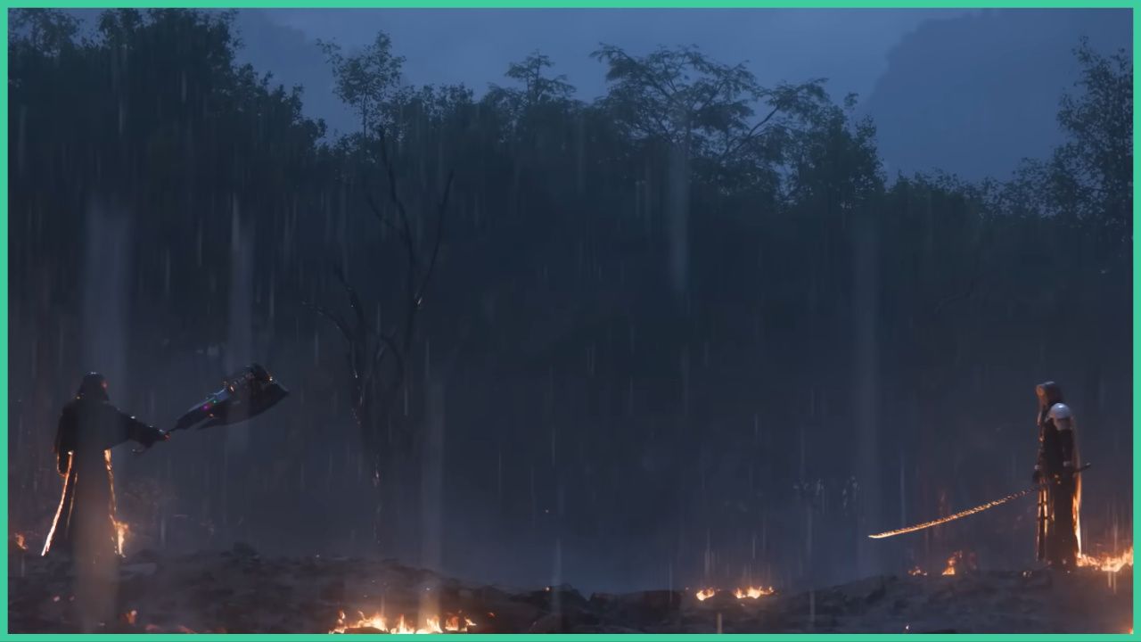 feature image for our ff7 ever crisis best weapons, the image features a screenshot from the games trailer of sephiroth and a man in a hooded cloak standing in the rain as they stand far away from each other, the man in the hooded cloak if lifting his weapon up towards sephiroth as flames surround them on the ground
