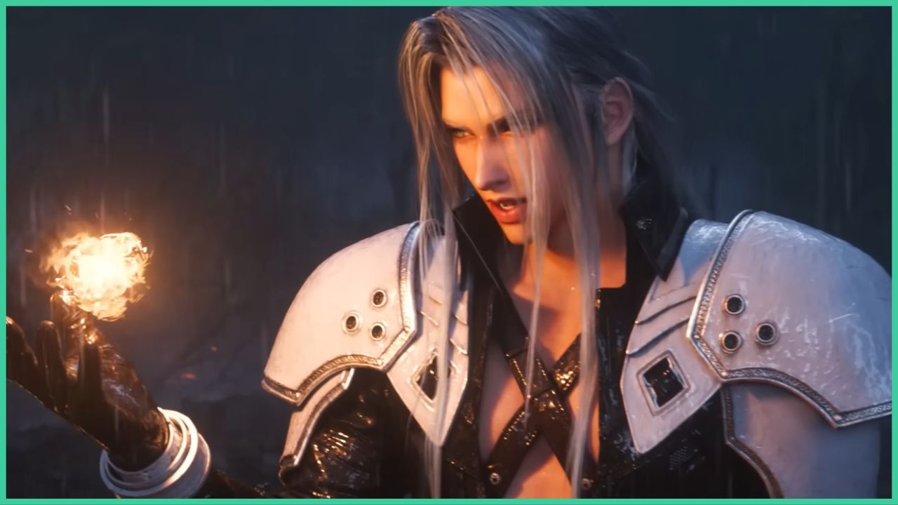 feature image for our ff7 ever crisis chapters guide, the image features a screenshot from the game's trailer of sephiroth holding a fireball in his hand as he looks at it