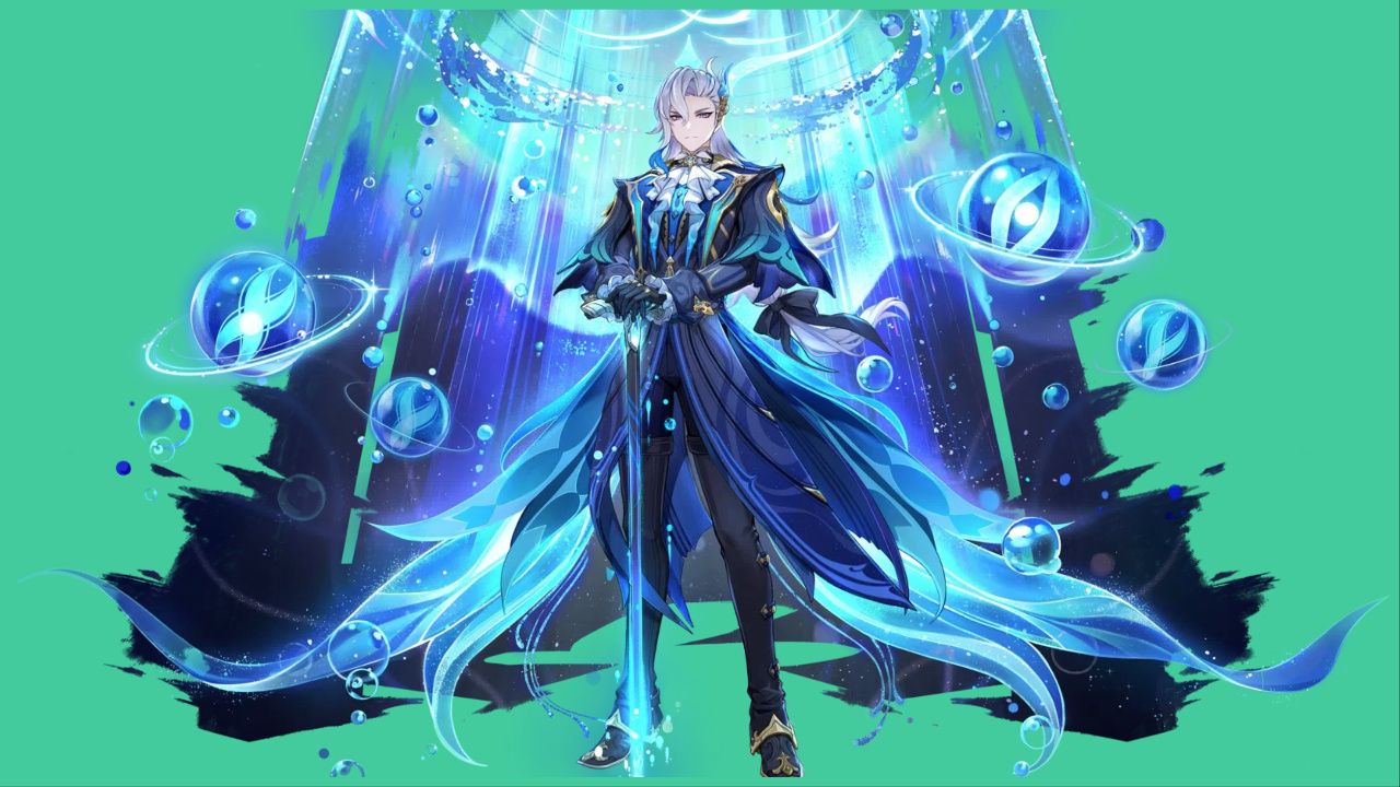 feature image for our genshin impact neuvillette build guide, the image features the official splash art for the character as he stands tall and scowls while holding his staff to the ground as he holds it with two hands, there are water bubbles floating around him that look like the planet, saturn and a circle of water floats above him